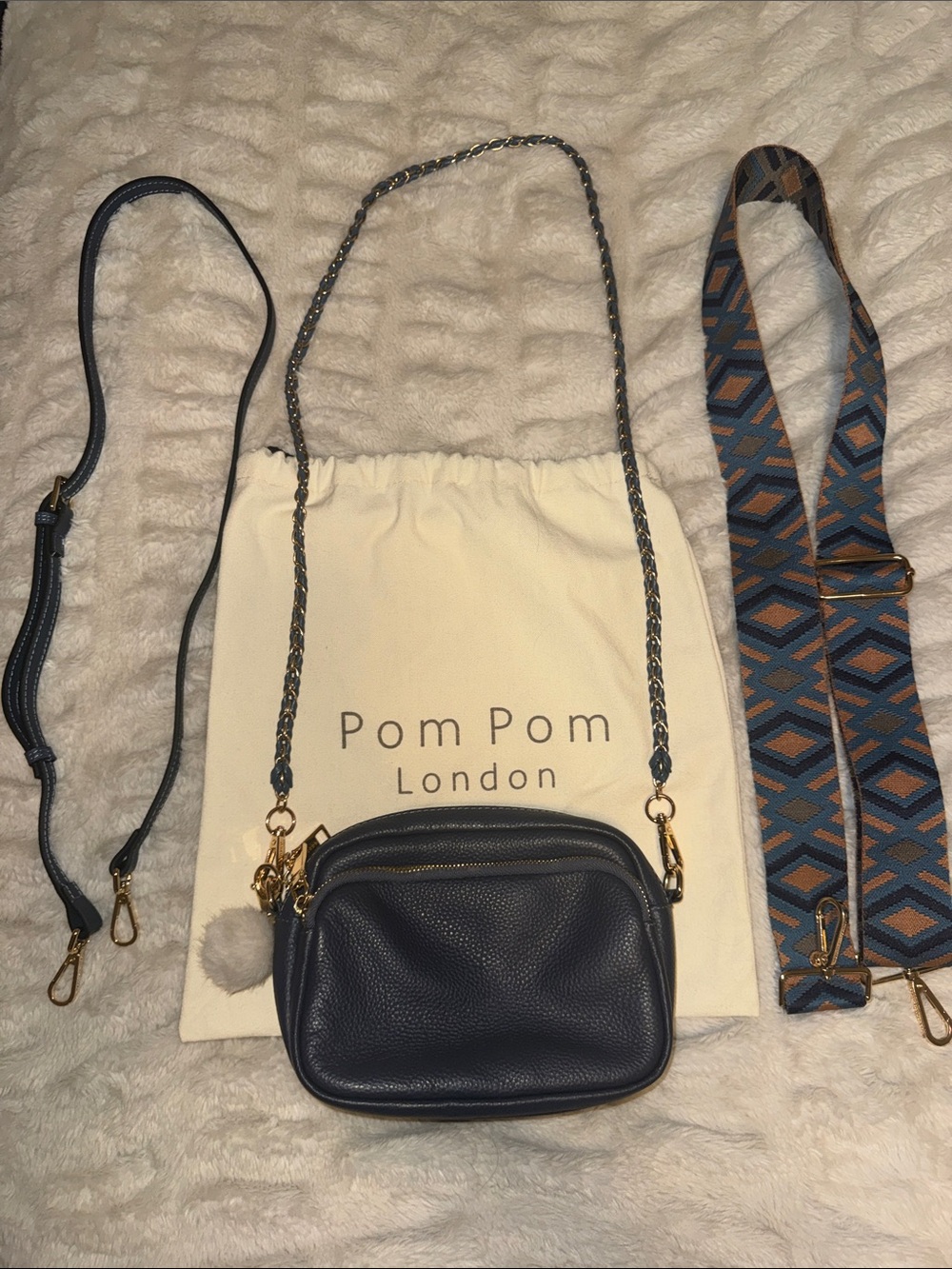 Pom Pom London Navy Leather Crossbody Bag with Pom Charm